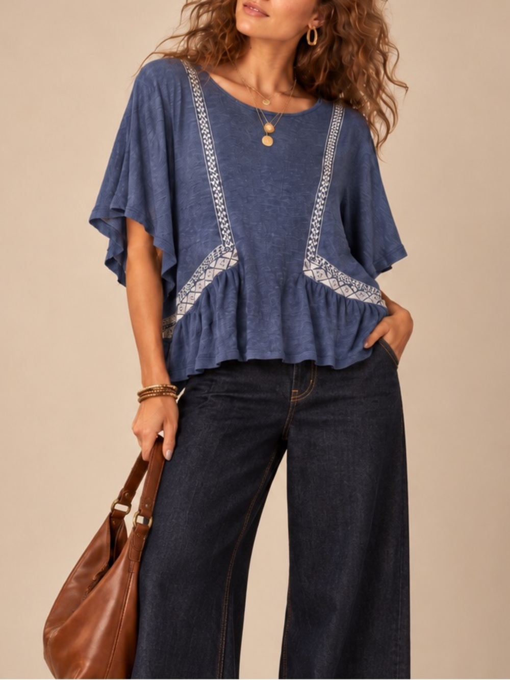 Anthropologie Akemi + Kin Blue Embroidered Trim Flutter Sleeve Peplum Boho Top M